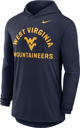 Nike West Virginia Primetime Arch Nike Mens Dri-FIT College Long-Sleeve Hooded T-Shirt in Blue | 01NB41SWVN-UKL