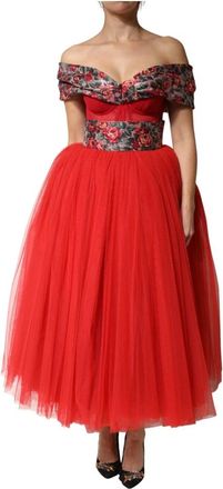 Dolce & Gabbana Off Shoulder A-line Jurk - Dames - Feestkleedjes - Rood - L - Katoen - Kleedjes