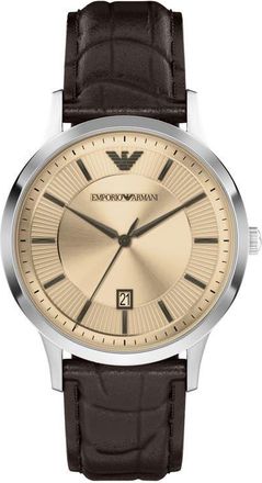 Emporio Armani Three-Hand Leather Strap Watch, 43mm in Brown at Nordstrom
