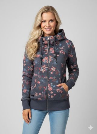 Ragwear Sweatjacke RAGWEAR NESKA ZIP FLOWERS O, Damen, Gr. 3XL, navy, Sweatware, Obermaterial: 70% Baumwolle, 30% Polyester, bedruckt, gebl&uuml;mt, gemustert, fig