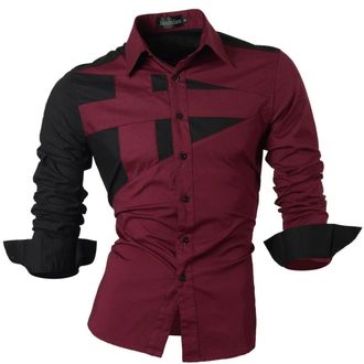 Jeansian Casual Button-Down Shirts Long Sleeve Print Dress Shirts K397_WineRed_M