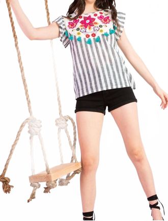 THML Clothing Hannah Embroidered Top In Grey Stripe