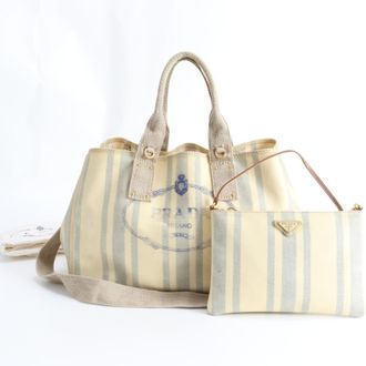 Prada Canapa Beige Navy Leather Coated Canvas Shoulder Bag Tote Bag (Pre-Owned)