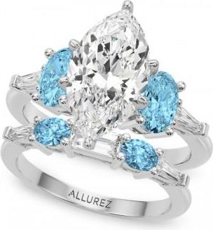 Allurez Marquise Lab Grown Diamond & Oval Blue Topaz Bridal Set 14K White Gold (4.97ct)