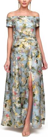 JS Collections Carissa Metallic Embroidered Off the Shoulder A-Line Gown in Aqua Gold at Nordstrom, Size 14
