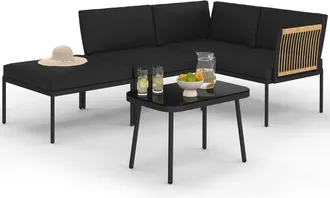 IDMarket Set Di Mobili Da Giardino Modulari Bassi Rio 4 Posti Struttura In Metallo Nero, Cordame Effetto Rattan Chiaro Con Cuscini Neri