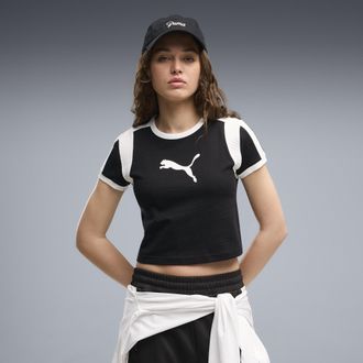 Puma T-shirt aderente da donna con collo a costine e stampa grafica, Abbigliamento, Nero, XL