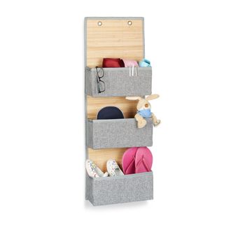 Relaxdays 4 Bolsas Colgantes Almacenaje, Organizadoras, Ba&ntilde;o, Puerta Armario Y Pared, 94x33x12 Cm, Plegables, Bamb&uacute; Y Tela, Gris