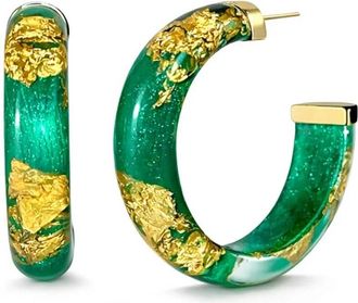 Gold & Honey Womens Small Lucite Hoop Earrings In Emerald Gold Leaf