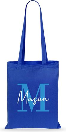 eBuy GB Personalised Tote Bag, Custom Alphabet Cotton Shopper with Blue Initial & Name, Birthday Gift Bag, Kids Party Bags, Reusable Bag