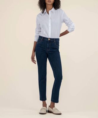 Kut from the Kloth Reese High Rise Ab Fab Ankle Straight Jeans In Harness W/euro Base Wash