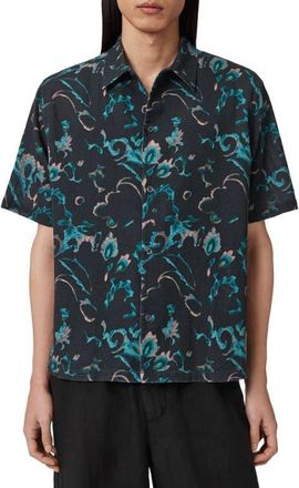 AllSaints Fortune Linen & Cotton Short Sleeve Button-Up Shirt in Aqua Blue at Nordstrom, Size Xx-Large