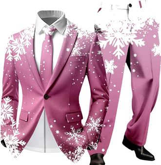 Generic Mens Suits Christmas Cute Cartoon Reindeer Snowflake Color Blovk Printed Coats and Trousers 2 Piece Sets Slim Fit Classic Xmas Holiday Jackets Novelty