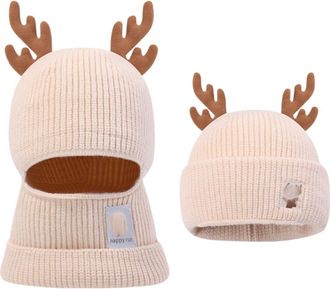 Generic Christmas Reindeer Beanie Hats,Women Winter Beanie Hats,One Piece Knit Balaclavas Mask Set (Beige)