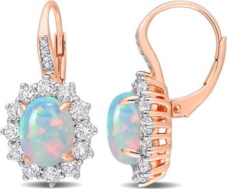 Amour 1 3/4 CT TGW Oval Shape Blue Ethiopian Opal and White Topaz and Diamond Accent Halo Leverback Earrings In Rose Plated Sterling Silver