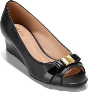 Cole Haan Go-To Malta Bow Peep Toe Wedge Pump in Black Leather at Nordstrom Rack, Size 9.5