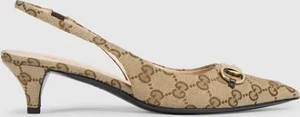 Gucci Womens Slingback Pump With Horsebit, Beige, GG Canvas