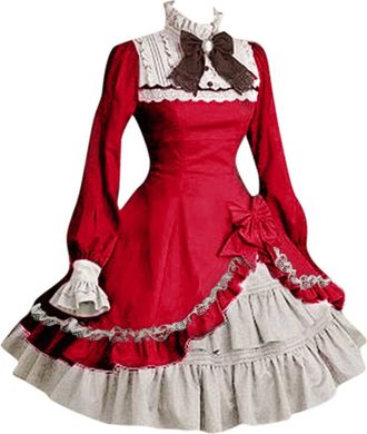 Generic Womens Lolita Dress with Ruffles Medieval Trumpet Sleeves with Knot Vintage Dress for Gothic Steampunk Court Renaissance Victorian Carnival Cosplay Pa