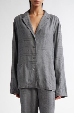 Toteme Monogram Embroidered Flannel Pajama Top in Smoke Melange at Nordstrom, Size 8 Us