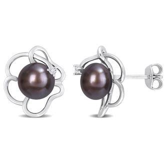 Amour 7.5-8mm Black Freshwater Cultured Pearl and White Topaz Floral Stud Earrings In Sterling Silver