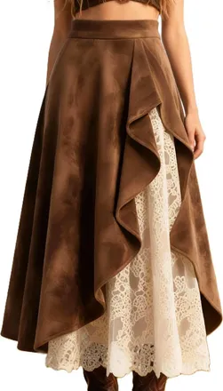 Generic Womens Faux Suede midi lace Hem Skirt, Patchwork Asymmetrical Skirt High Waist Ruffle Western Vintage A Line Long Skirt (Dark Brown,XXL)