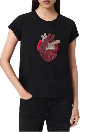 AllSaints Andrea Anna Embellished Beaded Heart T-Shirt in Black at Nordstrom, Size X-Small