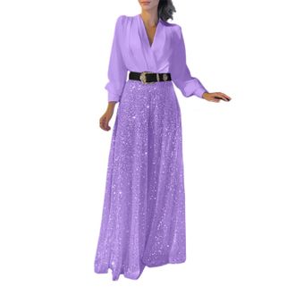 Generic Jumpsuit Womens Elegant for Wedding Pleated Jumpsuit with Belt Glitter Sequins Romper Long Sleeve Wide Leg Trouser Suit V-Neck Jumpsuits Business Leis