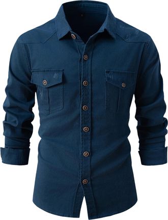 Generic Mens Washed Denim Shirt - Long Sleeve Casual Cotton Top with Double Pocket & Elastic Trim Navy Blue L