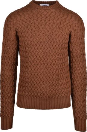 Alpha Studio Brown Cable Knit Sweater With Classic Crew Neck And Ribbed Details