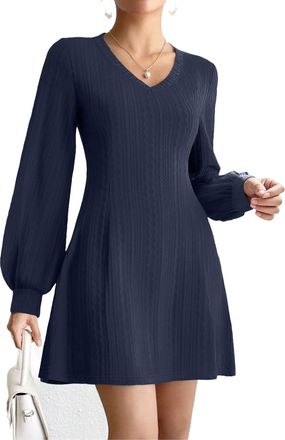 Zeagoo Long Sleeve Dresses for Women V Neck Cable Jumoer Dress Elegant Lantern Sleeves Evening Dresses Navy Blue XXL