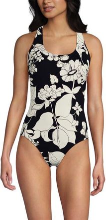 Lands End Chlorine Resistant Scoop Neck X-Back One Piece Swimsuit in Black/egret Lilies at Nordstrom, Size 12