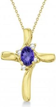 Allurez Lab Tanzanite & Lab Diamond Cross Necklace Pendant 14k Yellow Gold (0.50ct)