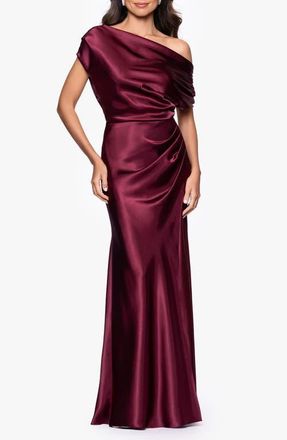 Betsy & Adam One-Shoulder Satin Sheath Gown in Burgundy at Nordstrom, Size 2