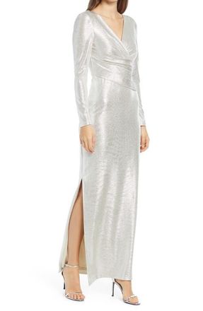 Eliza J Metallic Long Sleeve Faux Wrap Gown in Metallic Silver at Nordstrom, Size 12