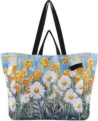 Generic White Yellow Flowers pattern Reusable Canvas Tote Bag, Heavy Duty Grocery Shopping Bag with Double Handles Hard Bottom Large Capacity Work Groceries T