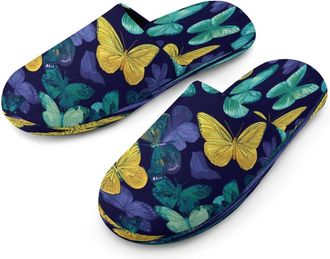 Generic Yellow Green Purple Butterfly Mens Cozy Memory Foam Slippers Warm Cotton House Shoes Comfy Slipper for Indoor Outdoor