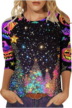 Generic Christmas Tops for Women Christmas Tree T-Shirts Novelty Funny 3/4 Sleeve Crewneck Jumper Santa Reindeer Graphic Print Blouse Ugly Xmas Pullover Festi