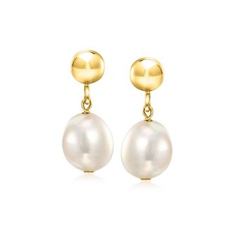 RS Pure by Ross-Simons 5-6mm Cultured Baroque Pearl and 14kt Yellow Gold Bead Drop Earrings
