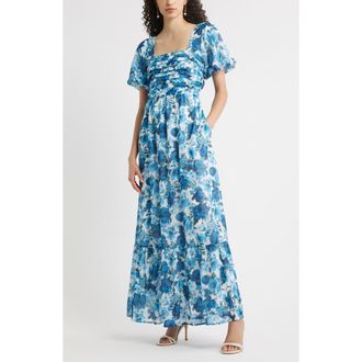 Chelsea28 Floral Tiered Puff Sleeve Maxi Dress in Blue Floral at Nordstrom Rack, Size Xx-Small