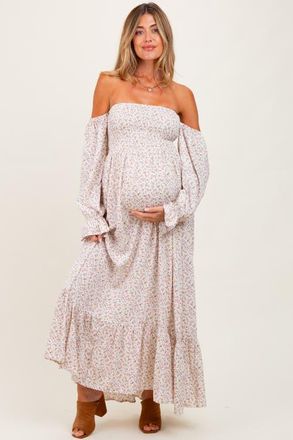 Pinkblush Floral Smocked Off Shoulder Maxi Dress in Cream at Nordstrom, Size Medium