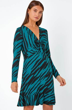 Roman Animal Twist Front Frill Hem Bodycon Dress