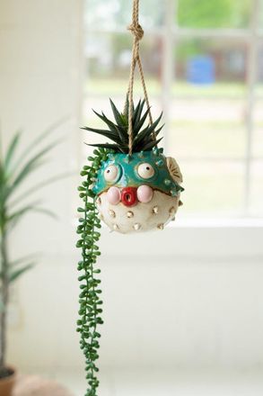Kalalou Ceramic Hanging Blowfish Planter