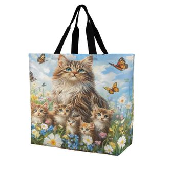 Generic Cats Cute Butterfly Large Reusable Shopping Bag Lightweight Foldable Tote Bags Washable Shoulder Handbag