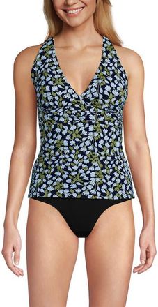 Lands End Plus Size V-Neck Plunge X Back Tankini Top in Navy Mini Bloom Floral at Nordstrom, Size X-Small