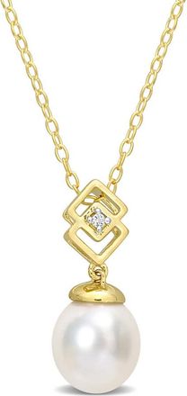 Amour 8-9mm South Sea Cultured Pearl and White Topaz Drop Pendant with Chain In Yellow Plated Sterling Silver