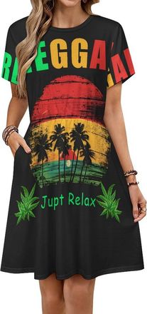Generic Reggae Music Women Summer Dress Short Sleeve Sundress Swing Casual Party Dresses Pockets XL