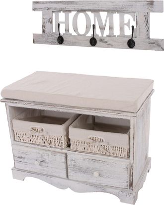 Hhg Nunca Usado] Armario Con Banco C&oacute;moda Con 2 Cestas 42x62x33cm, Aspecto Shabby, Vintage, Blanco