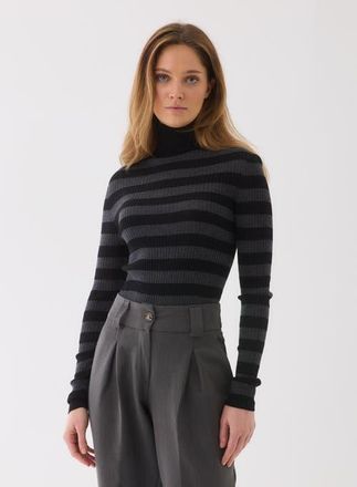 Majestic Filatures Merino Superfine Rib Knit Stripe Turtleneck in Noir/anthracite Chine at Nordstrom, Size 2
