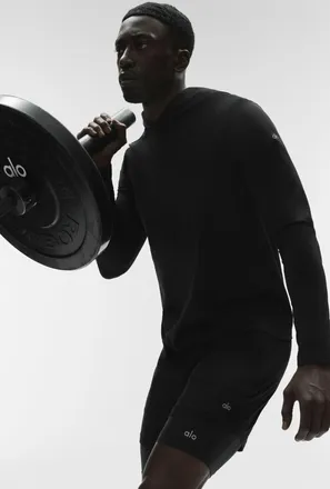 Alo | Conquer Reform Long Sleeve With Hood Sweatshirt in Black, Size: Medium