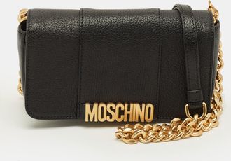 Moschino Black Leather Logo Flap Shoulder Bag
